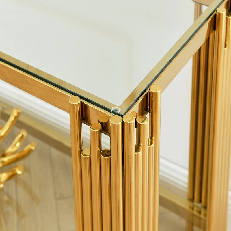 Smalle consoletafel met 2 niveaus, goudkleurig metalen frame en blad van gehard glas
