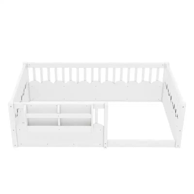 Lit au sol pour enfant Bellemave avec barrières surélevées et bibliothèque, cadre de lit Montessori en bois pour lit simple, pour filles et garçons