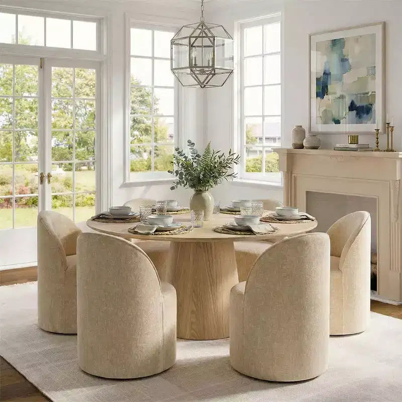 Conjunto de jantar moderno para 6 pessoas, mesa redonda com pé central, cadeiras giratórias tipo barril com rodas, chenille texturizado - Panipeachy