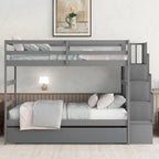 Beliche para colchões individuais, com cama extra individual e escadas com arrumação, na cor cinzenta
