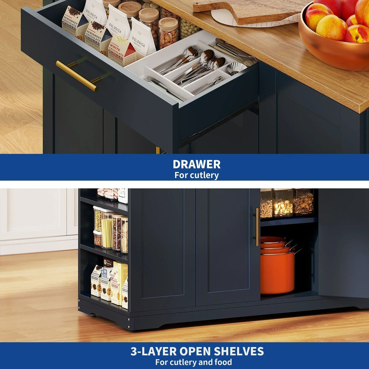 Meuble îlot de cuisine roulant Moasis de 53 pouces, avec rangements, portable et mobile