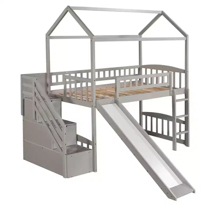 Hochbett in Hausform für Einzelbetten mit Rutsche und Treppe, Hochbett mit Schubladen, Holzhütten-Hochbett für Kinder und Kleinkinder