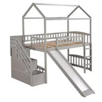 Hochbett in Hausform für Einzelbetten mit Rutsche und Treppe, Hochbett mit Schubladen, Holzhütten-Hochbett für Kinder und Kleinkinder