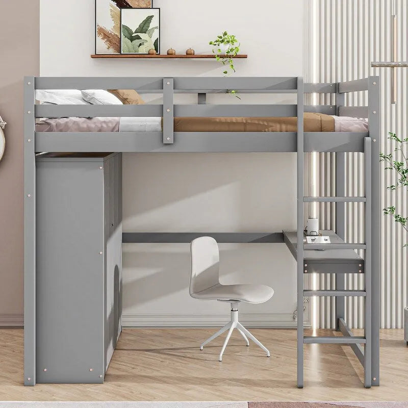 Lit mezzanine en bois, format deux places, avec armoire intégrée, bureau, étagères de rangement et tiroirs