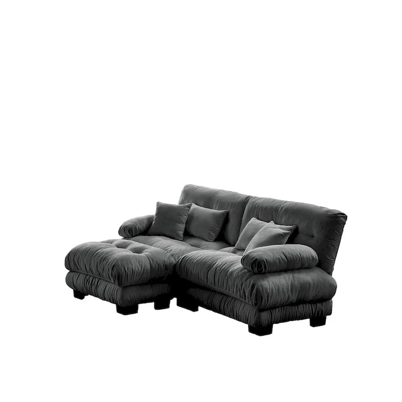 Narożna sofa dwuosobowa w kształcie litery L z tapicerką chenille i poduszkami lędźwiowymi