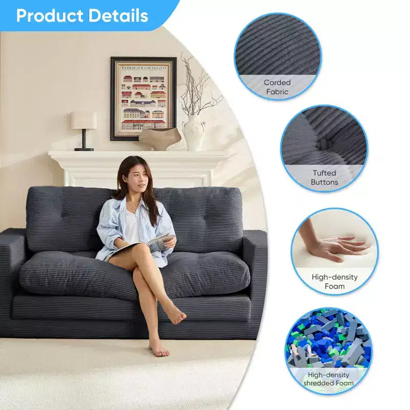 Rozkładana sofa-futon Mjkone 2 w 1 o szerokości 71', tapicerowana tkaniną sztruksową, z pikowanymi guzikami, dwuosobowa sofa z funkcją spania, oszczędzająca miejsce