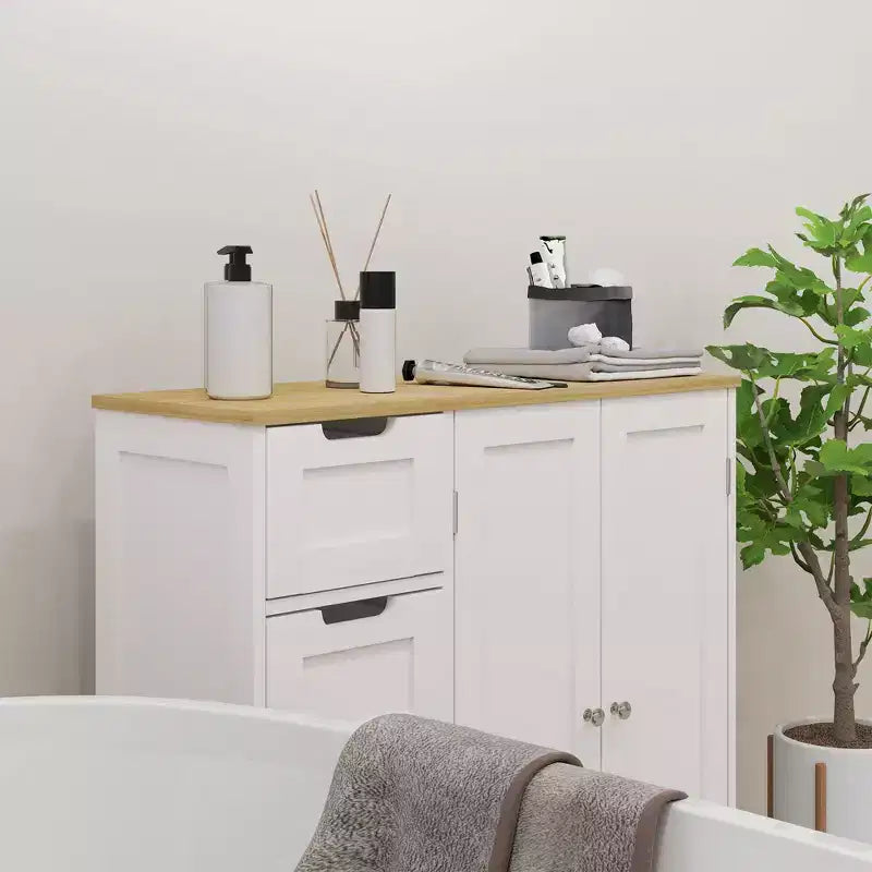 Meuble de salle de bains HOMCOM avec étagère réglable, meuble de rangement autoportant avec 4 tiroirs et 2 portes, blanc