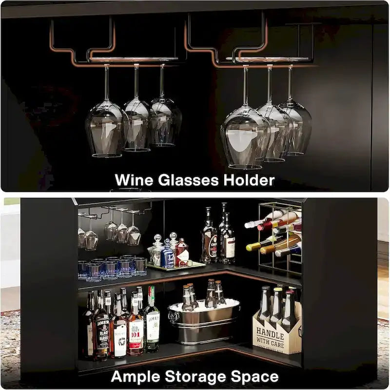 Meuble-bar en L avec porte-verres à pied pour bar à domicile