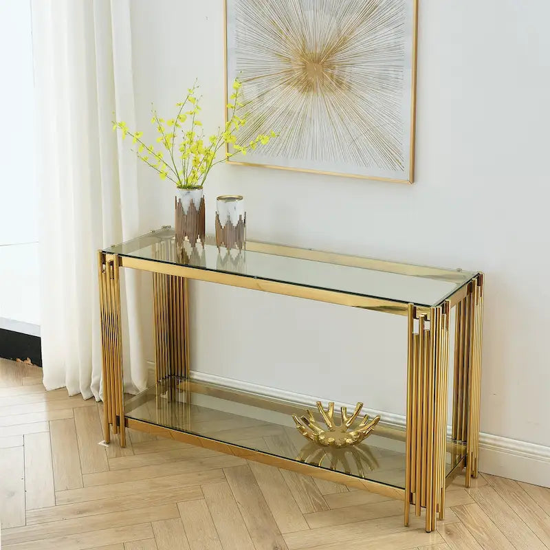 Smalle consoletafel met 2 niveaus, goudkleurig metalen frame en blad van gehard glas