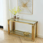 Smalle consoletafel met 2 niveaus, goudkleurig metalen frame en blad van gehard glas