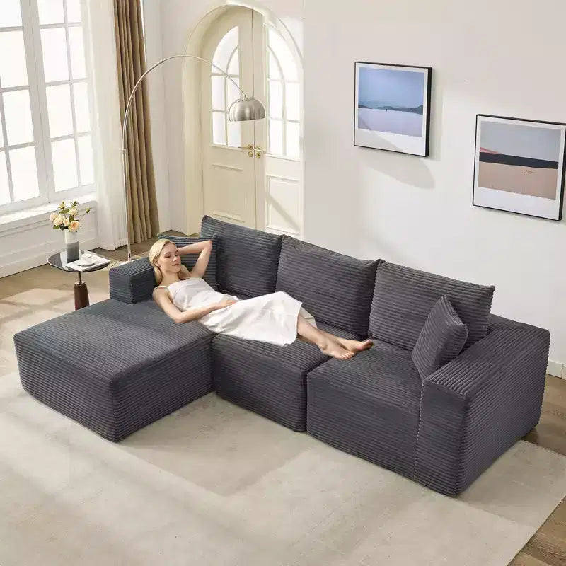 Canapé moderne 108, 3 places en L rembourré avec oreillers, assise profonde, aucun montage requis