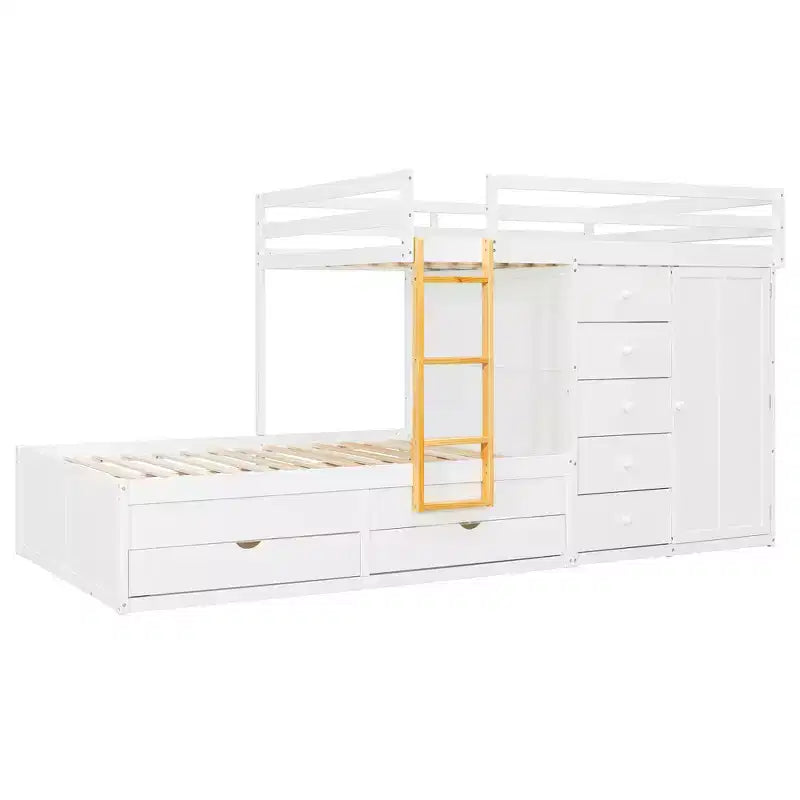 Etagenbett in Full-over-Full-Größe mit Kleiderschrank und Schubladen, platzsparendes Etagenbett aus Holz in Full-Größe mit Rausfallschutz für Wohnung und Schlafzimmer