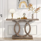 Vintage consoletafel met geometrisch onderstel, houten haltafel