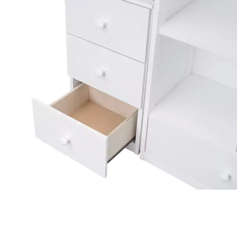 Halfhoogslaper in eenpersoonsmaat met L-vormig bureau, 3 laden, kast, opbergruimte in de trap, frame van massief grenenhout en MDF