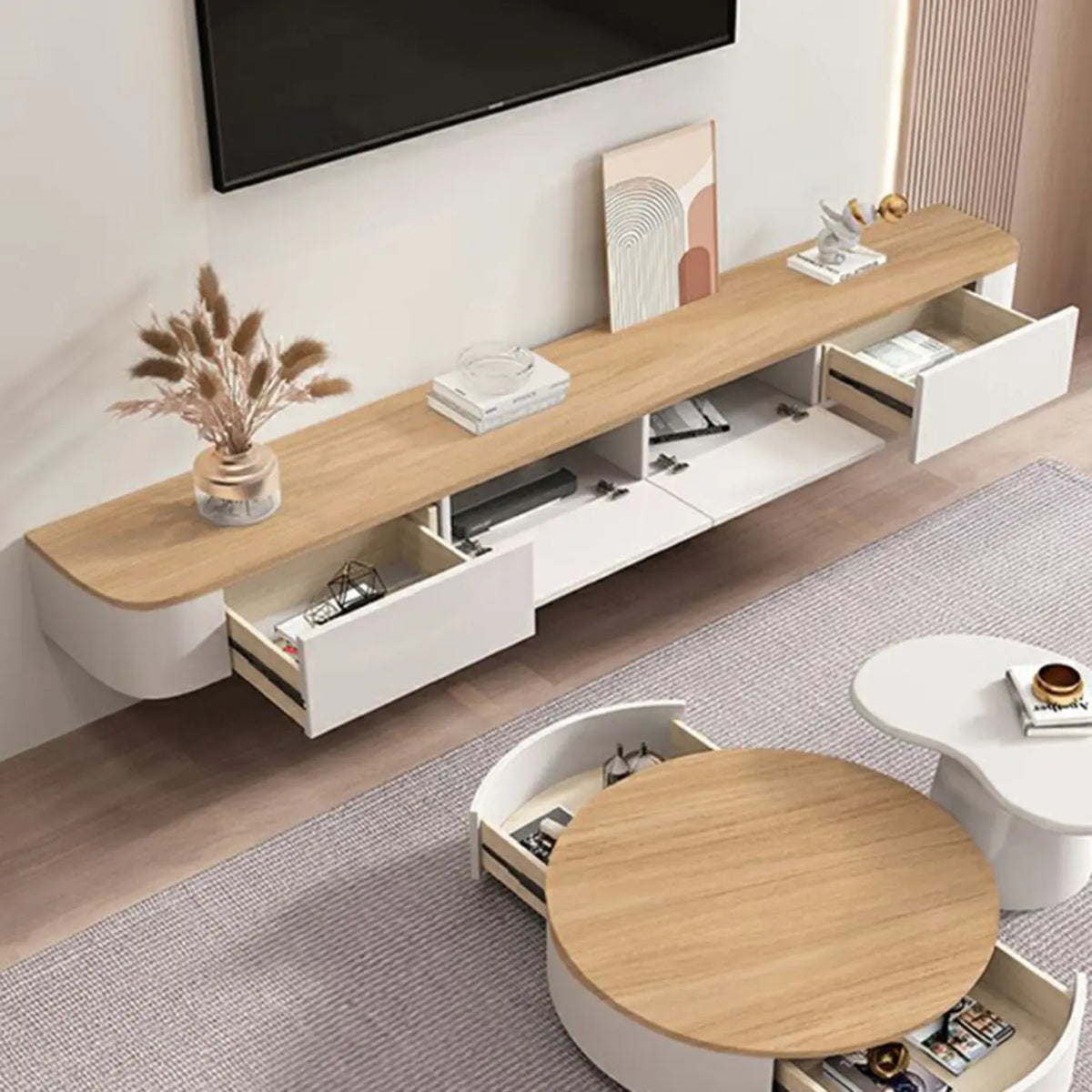 Meuble TV suspendu contemporain, long, en bois blanc, avec tiroirs