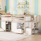 Okak Massivholz-Hochbett für Einzelmatratzen mit Treppe und Stauraum, niedriges Etagenbett mit Schubladen und Regalen, multifunktionales Hochbett für Kinder und Jugendliche