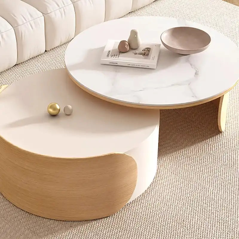 Moderne ronde salontafel, stenen tafelblad, natuurlijk hout - 50  x 31.5