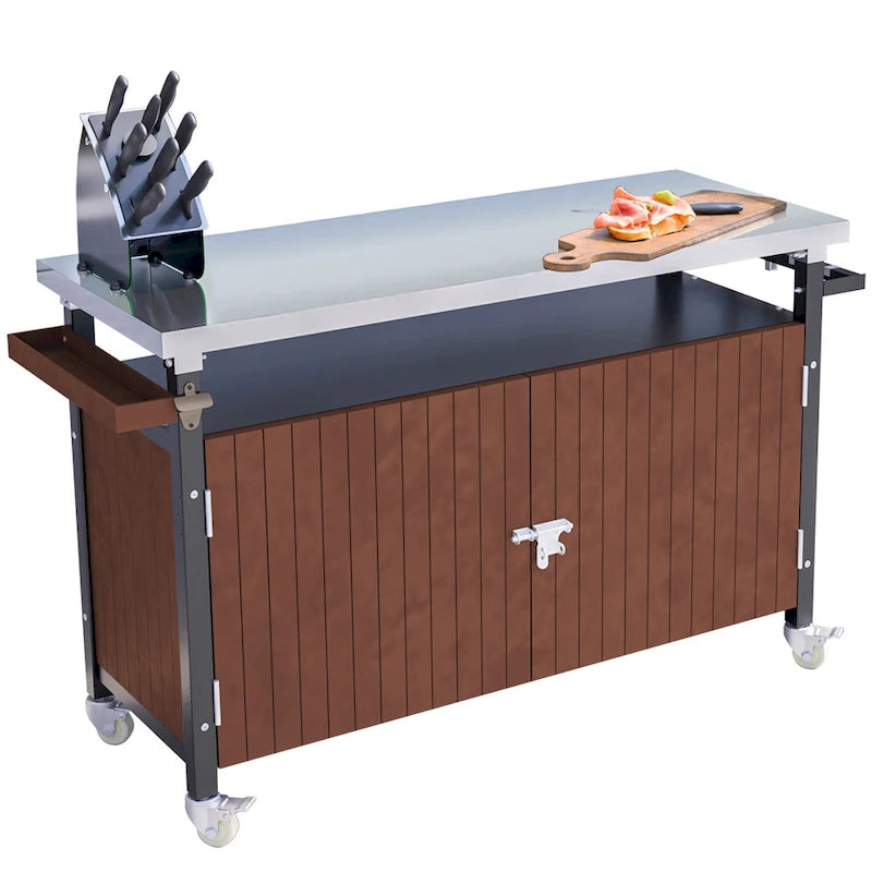 Buitengrillwagen met roestvrijstalen tafelblad (kruk niet inbegrepen)