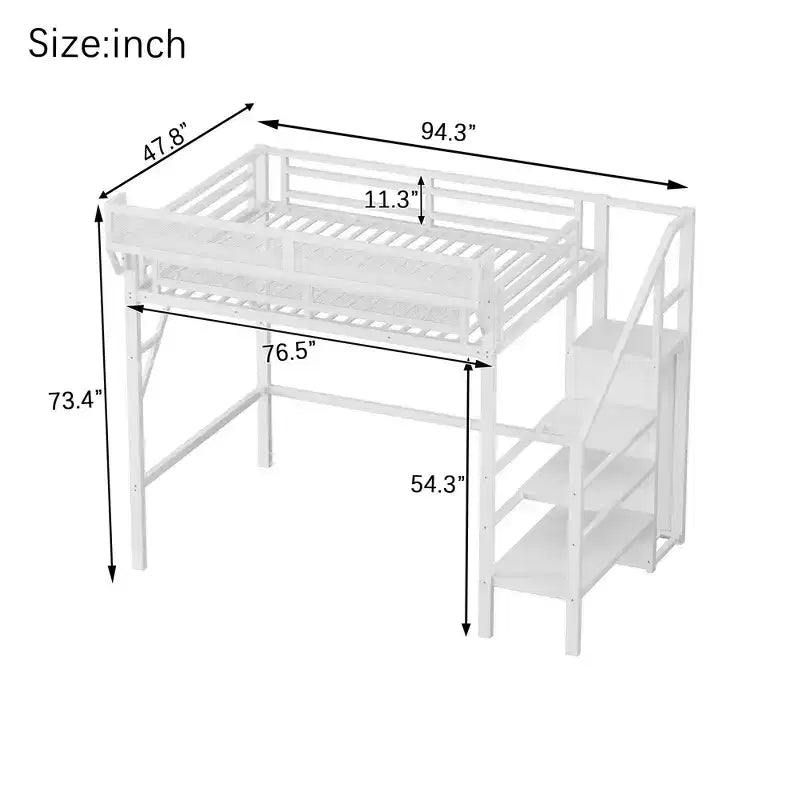 Okak hoogslaper van 94 inch voor een eenpersoonsbed, met kledingkast, opbergplanken en mand, bedframe voor slaapkamer of studentenkamer