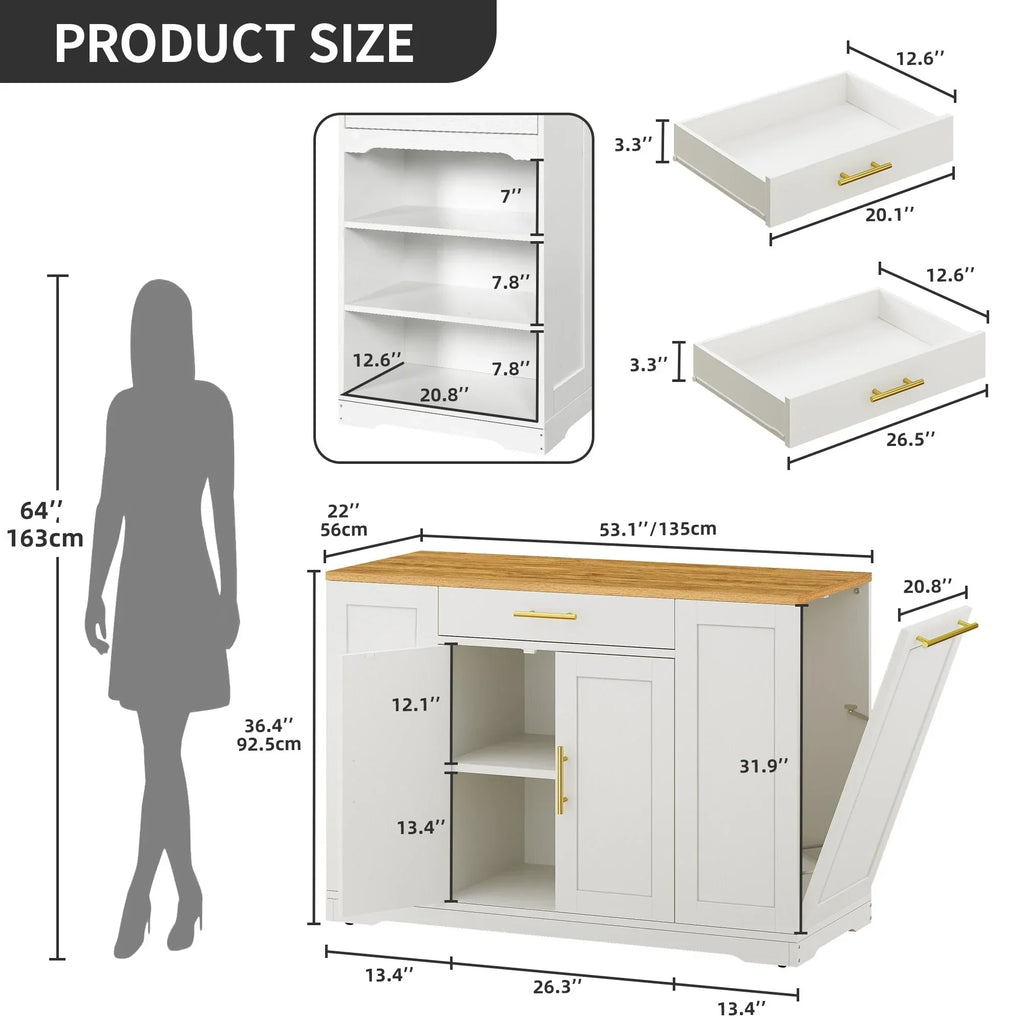 Meuble îlot de cuisine roulant Moasis de 53 pouces, avec rangements, portable et mobile