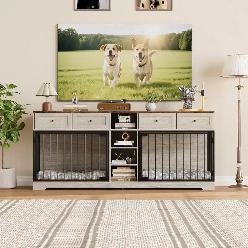 82 Hundebox-Möbel für zwei Hunde, große Hundehütte für den Innenbereich, robuste Hundebox aus Holz mit 4 Schubladen und Regalen, als TV-Ständer