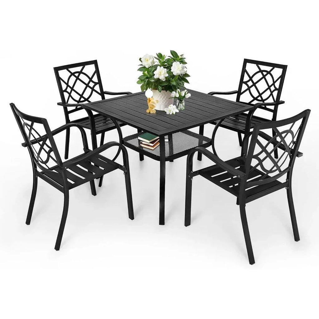 SUNCROWN Outdoor Patio 5/7 Piece Steel Dining Sets Metal Slatted Table and Stackable Chairs Powder Coated Frame