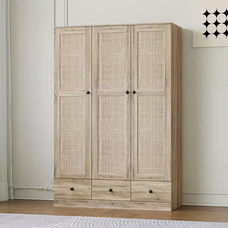Armadio in rattan Famapy con 3 cassetti e 3 ante traspiranti in rattan, armadio alto in stile rustico per camera da letto
