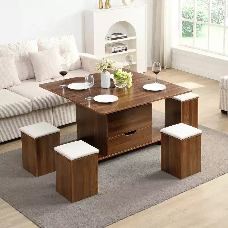 Table basse moderne multifonctionnelle à plateau relevable avec rangement caché, 4 tabourets et roulettes, idéale pour les espaces de vie modernes