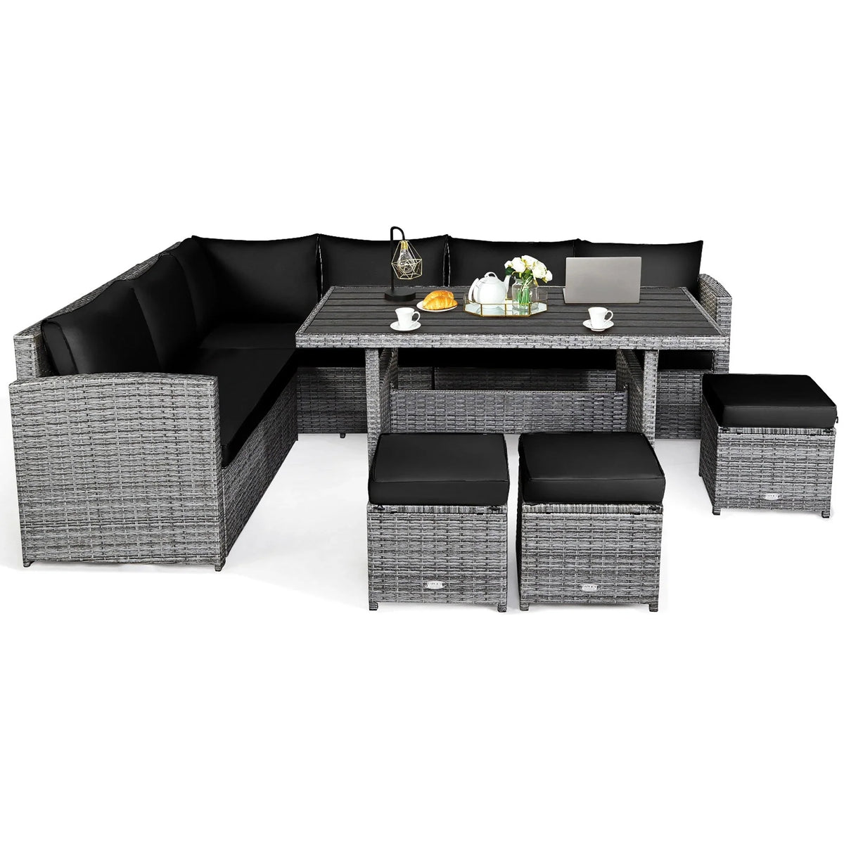 Costway 7-teiliges Ess-Set aus Polyrattan für die Terrasse mit Ecksofa und Hocker - Details ansehen