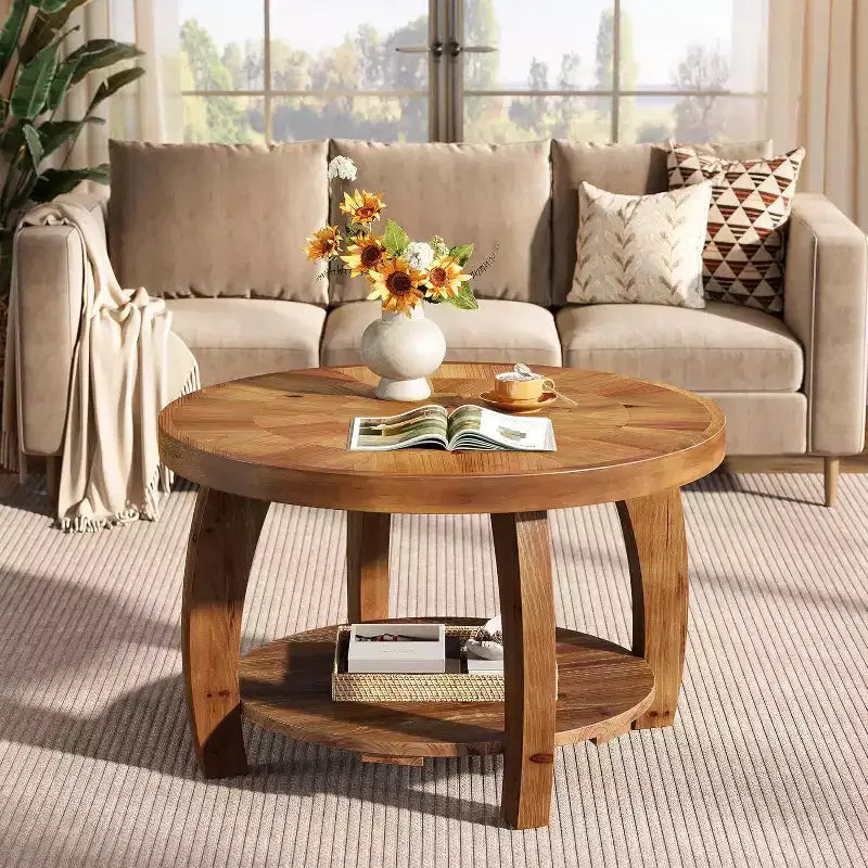 Lantine ronde salontafel van massief hout, bijzettafel met 2 niveaus en opbergruimte, tafelblad van 31.5 inch met mozaïekpatroon, eenvoudig te monteren, voor de woonkamer, bruin