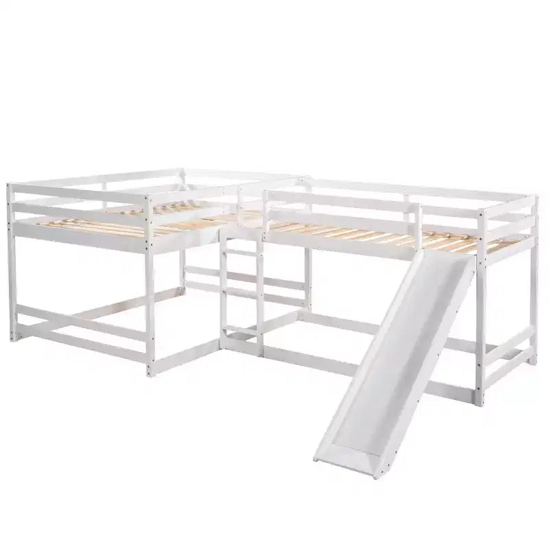 L-förmiges Etagenbett für 4 Kinder, Vierer-Etagenbett mit Rutsche und Bettgestell aus Holz in Full- und Twin-Size für Schlafzimmer und Wohnheim