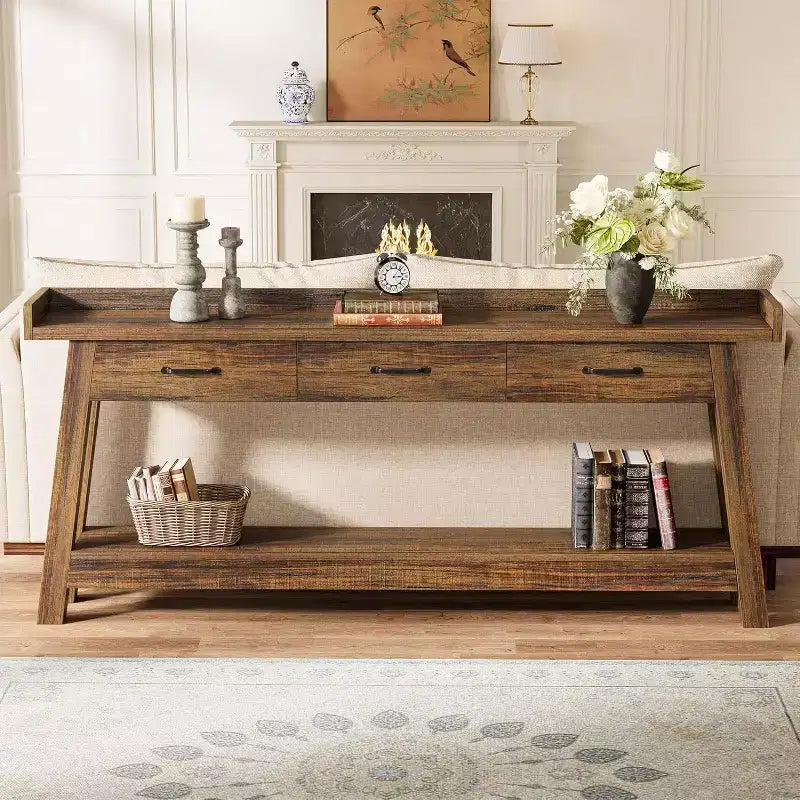 Lantine zitbanktafel met 2 niveaus en 3 laden, consoletafel van 70.9 met opstaande rand en opbergplanken voor de woonkamer, hal of entree