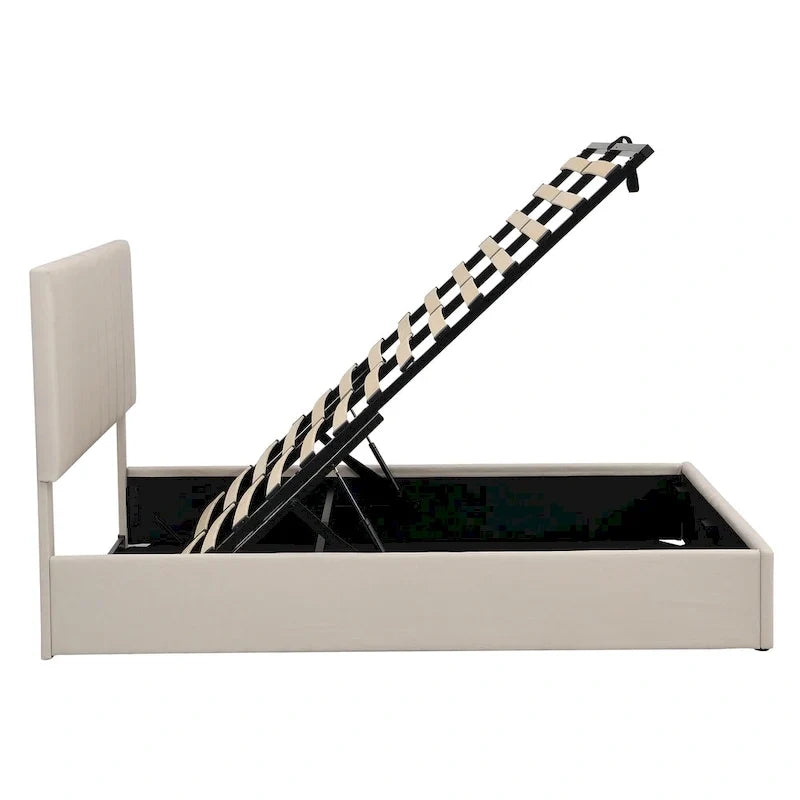 Lit plateforme rembourré queen size avec système de rangement hydraulique - beige