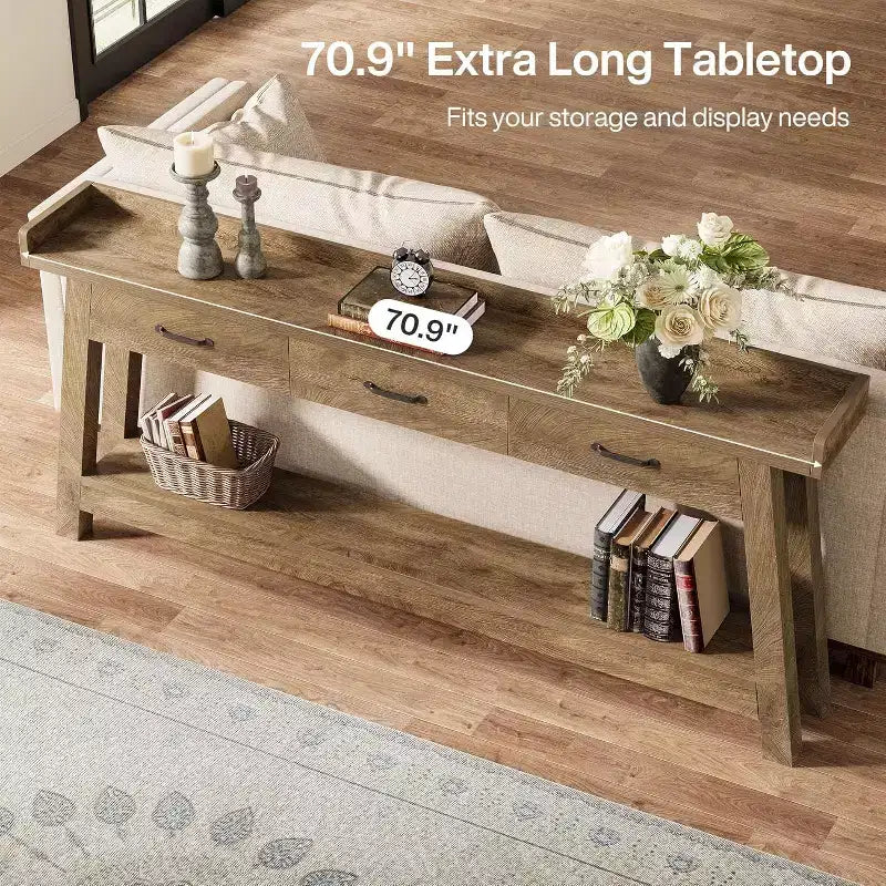 Lantine zitbanktafel met 2 niveaus en 3 laden, consoletafel van 70.9 met opstaande rand en opbergplanken voor de woonkamer, hal of entree