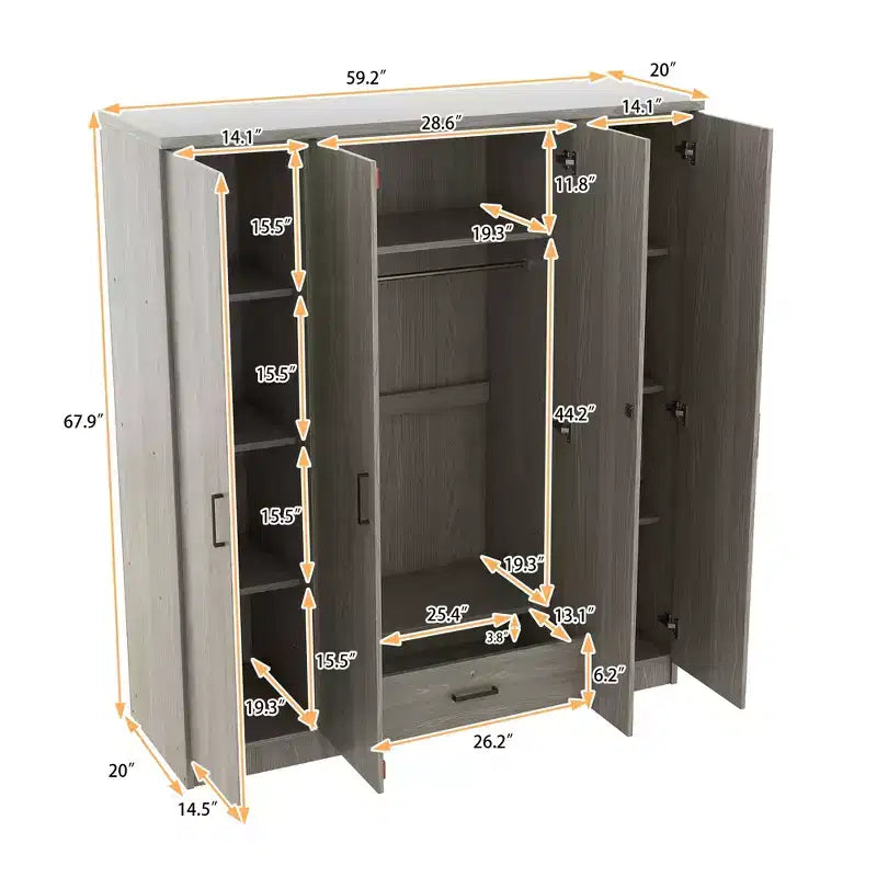 Viertüriger Kleiderschrank aus Holz mit Kleiderstange, 1 Schublade und Einlegeböden