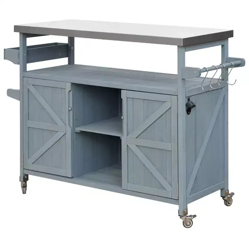 Okak Outdoor-Kücheninsel mit Edelstahlplatte, Küchenwagen aus Holz mit Türen, Ablagen und Gewürzregal, rollende Kücheninsel