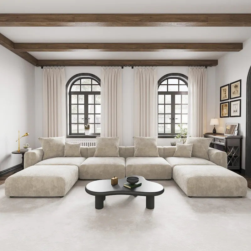 Großes modulares U-förmiges Ecksofa aus Cord mit 4 Sitzplätzen, 2 Hockern und 5 Kissen