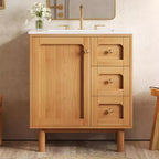 JVNOXK Keramik-Waschtischunterschrank, 30 Zoll, rustikal-modern, mit 3 Schubladen und 1 großen Tür mit Soft-Close-Funktion, Aufbewahrungsschrank, natürliche Holzmaserung