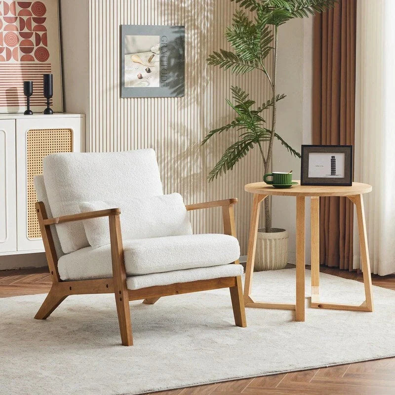 Gepolsterter Akzentstuhl aus Leinenmischgewebe mit Holzbeinen und einem Kissen, Beige