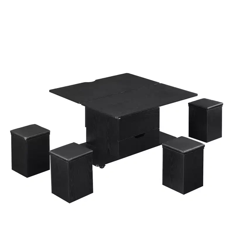 Table basse moderne multifonctionnelle à plateau relevable avec rangement caché, 4 tabourets et roulettes, idéale pour les espaces de vie modernes