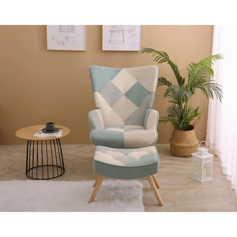 Akzentstuhl mit Hocker, Wohnzimmer-Stuhl- und Hocker-Set, bequemer Beistellsessel für das Schlafzimmer, kreativ zusammengesetzter Stoffbezug