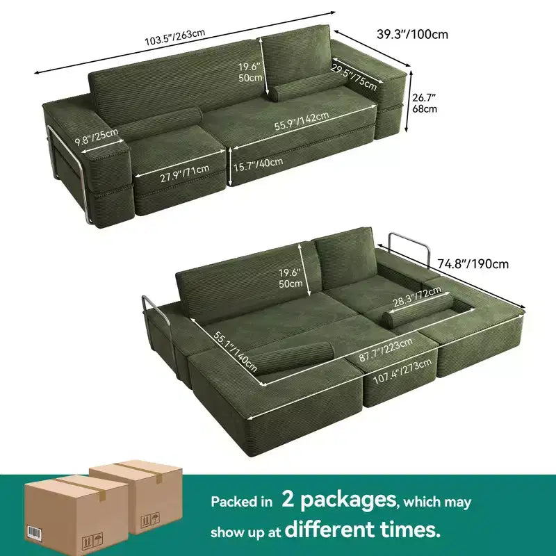 Veranderbare modulaire wolkenbank, comfortabele corduroy hoekbank met diepe zitting en hoge kussens, eenvoudig te monteren