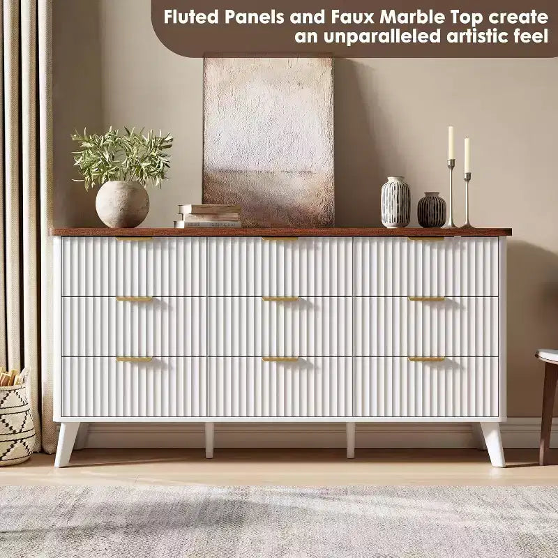 Kommode mit 9 geriffelten Schubladen, moderne Anrichte, TV-Ständer aus Holz, geschwungenes Design, für Wohnzimmer und Flur