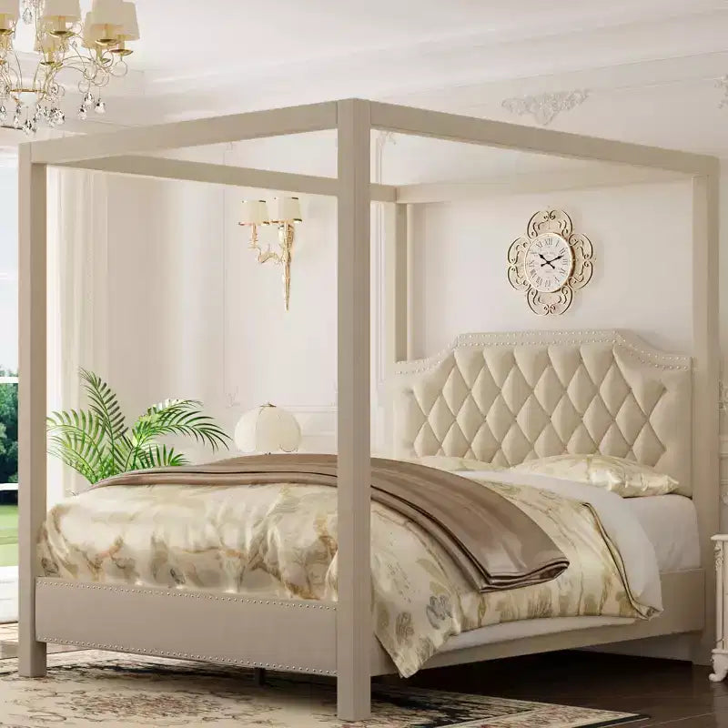 Estrutura de cama de dossel Queen com postes e suportes para os 4 cantos, estrado de ripas em madeira maciça, não necessita de sommier, sem ruídos