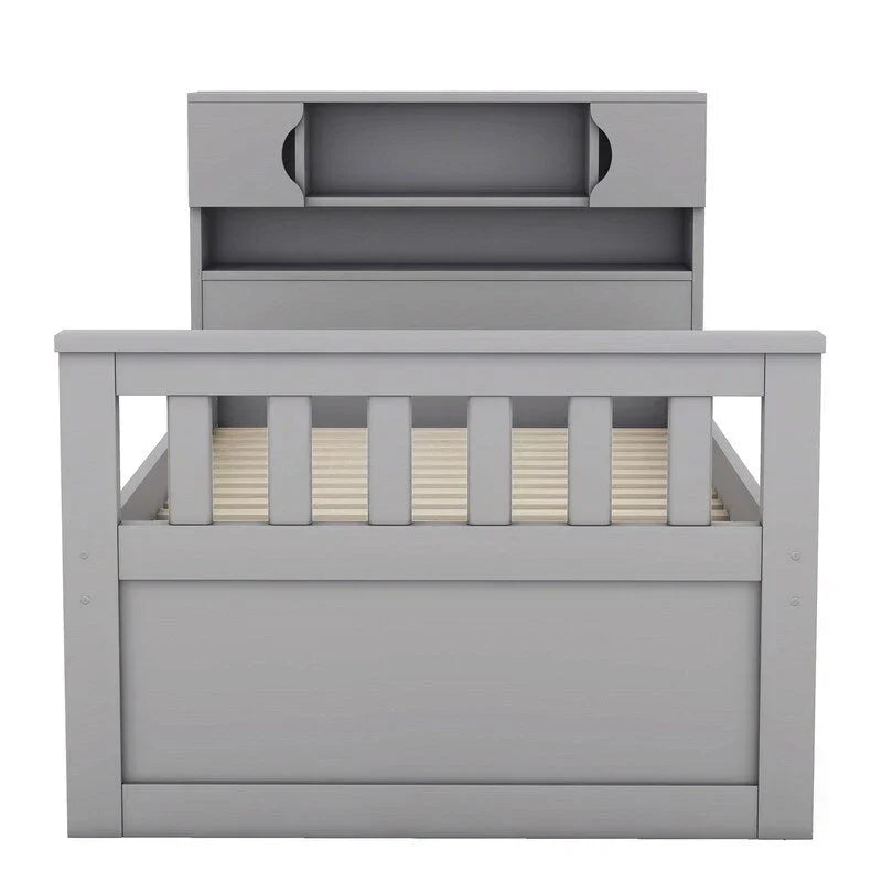 Lit plateforme capitaine une place/deux places avec 4 tiroirs et étagères de rangement, cadre en bois massif avec tête de lit bibliothèque et rangements