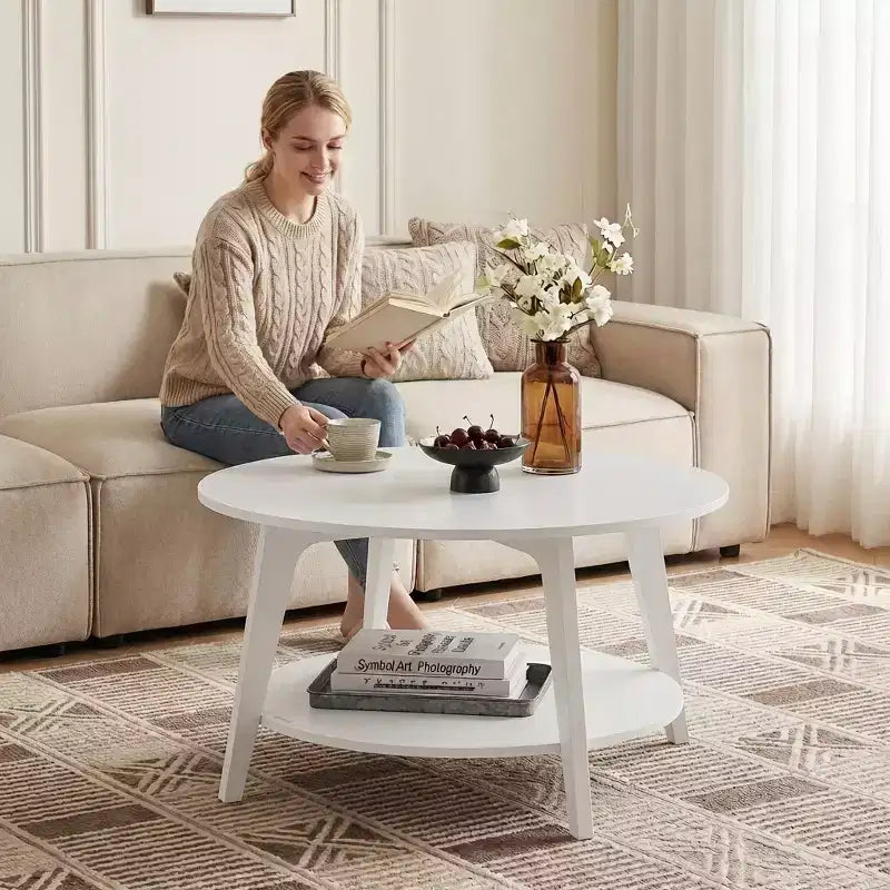 Honingbruine ronde salontafel met 2 opberglagen, afmetingen 31.5 x 17.7 Inches, ideaal voor de woonkamer