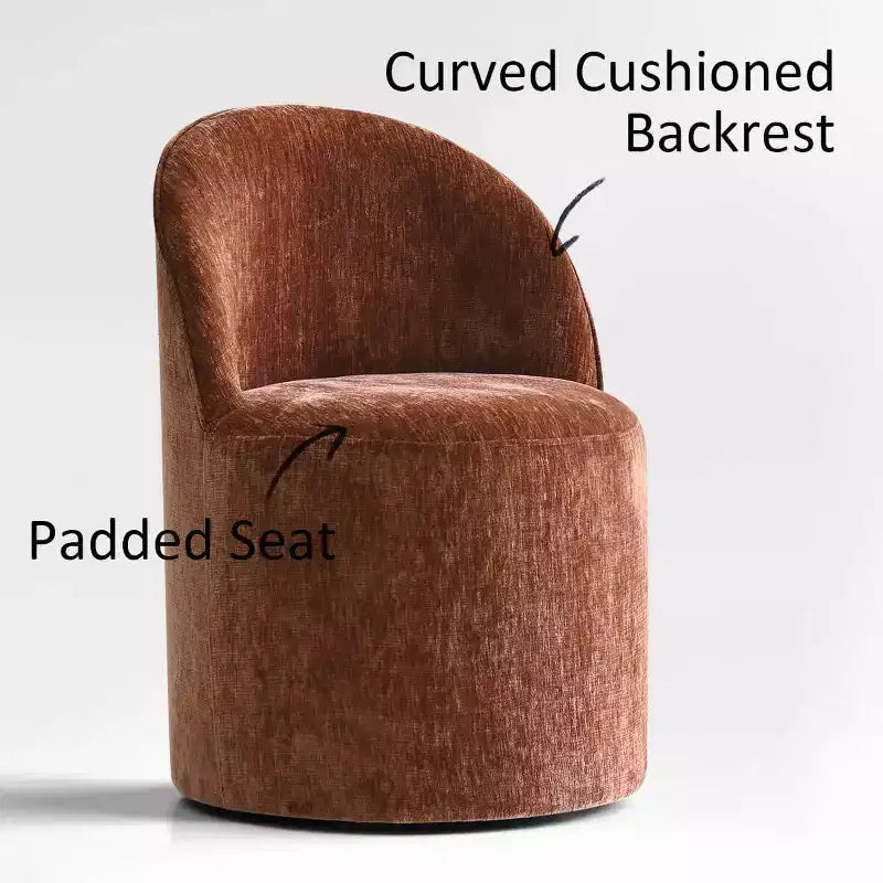 Conjunto de jantar moderno para 6 pessoas, mesa redonda com pé central, cadeiras giratórias tipo barril com rodas, chenille texturizado - Panipeachy