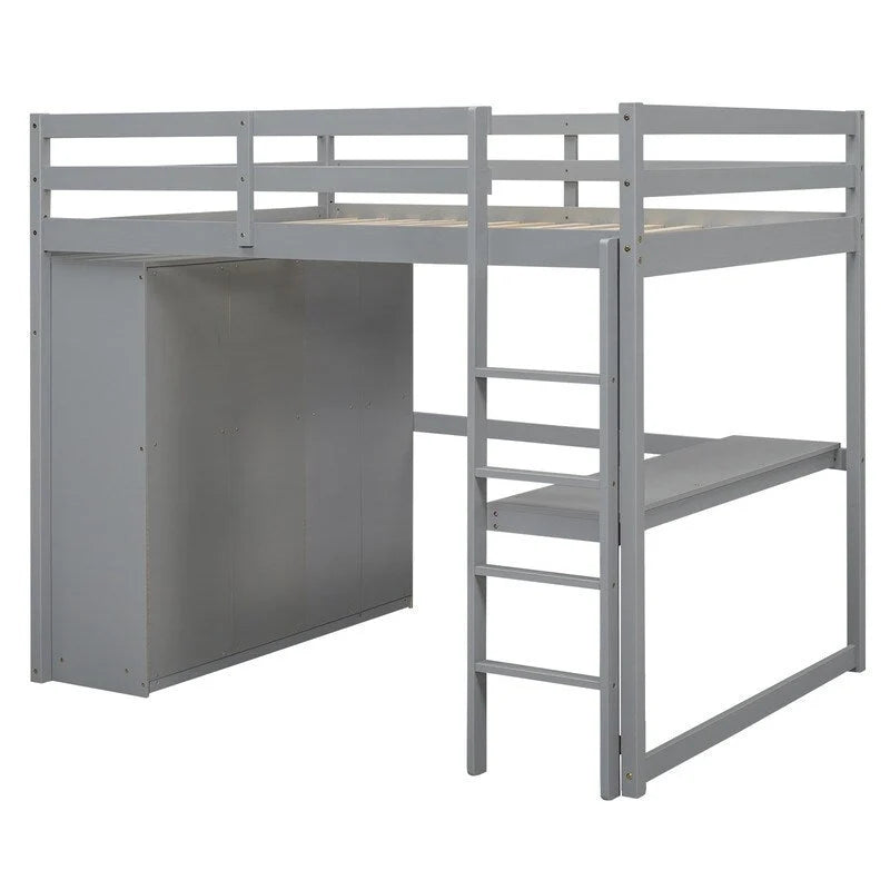 Lit mezzanine en bois, format deux places, avec armoire intégrée, bureau, étagères de rangement et tiroirs