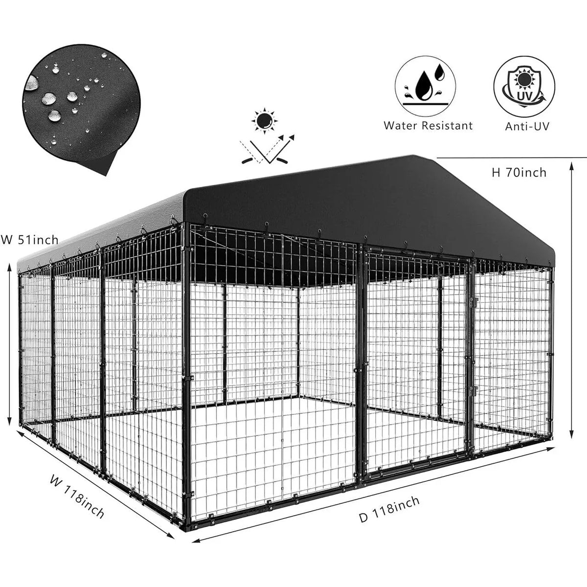 W 118 x D 118 x H 70 Große Hundezwinger für draußen, robuster Hundekäfig mit wasserdichtem Dach