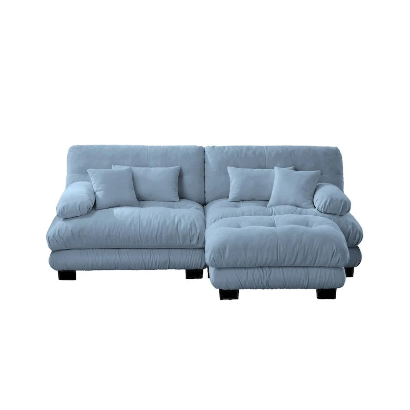 Narożna sofa dwuosobowa w kształcie litery L z tapicerką chenille i poduszkami lędźwiowymi
